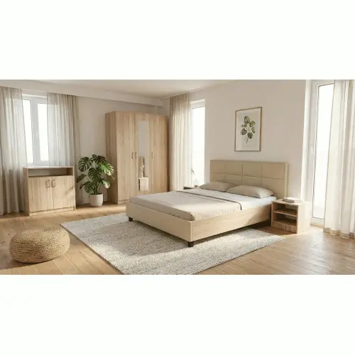 Dormitor Soft Sonoma cu pat tapitat bej pentru saltea 140x200cm