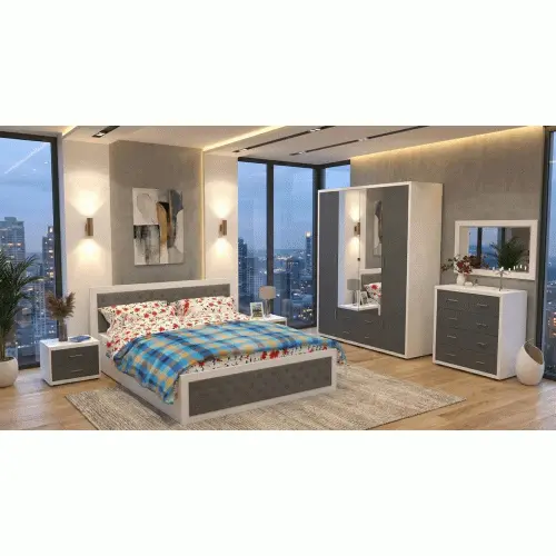 Dormitor Torino cu pat cu somiera metalica rabatabila 160x200 cm Alb / Gri