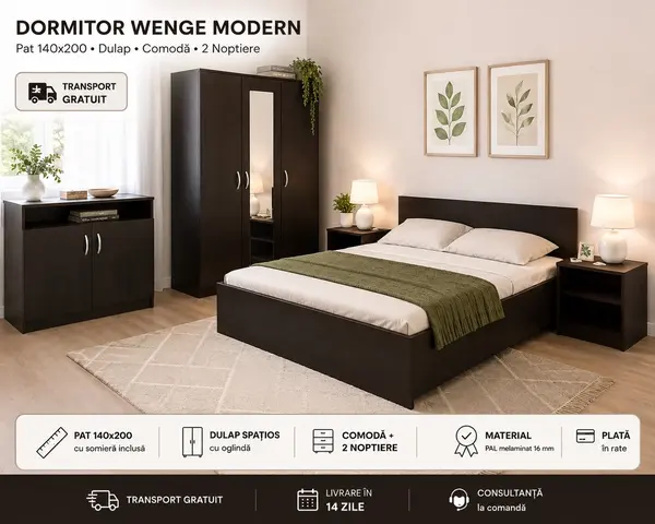 Dormitor Wenge Modern cu Pat 140x200 si Dulap cu Oglinda