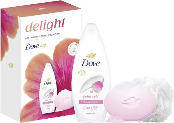 Dove Essential Care Set Delight - Gel de duș și săpun cremă, 250 ml + 90 g + burete de baie