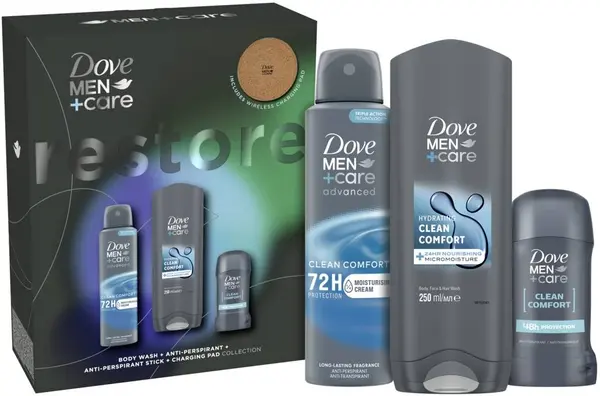 Dove Men+Care Set Clean Comfort, cu suport de încărcare, 3 piese