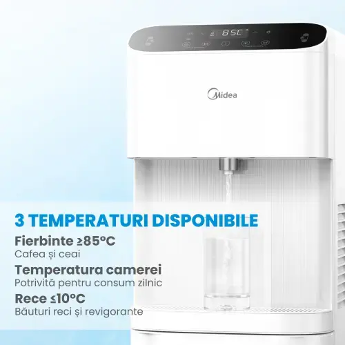 Dozator de apa Midea JL2240S-B cu functie filtrare PAC+UF&C, capacitate: 4L/H, capacitate rezervor racire 3L, capacitate rezervor incalzire 1L, putere incalzire 420W, putere racire 100W, control Touch (Negru)
