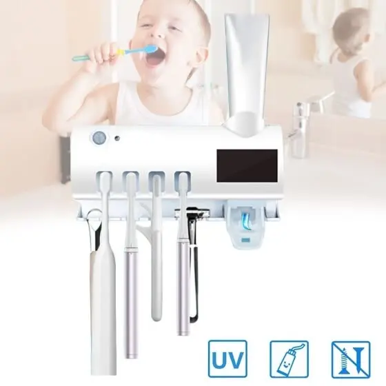 Dozator pentru pasta de dinti cu alimentare solara si sterilizator UV pentru periute