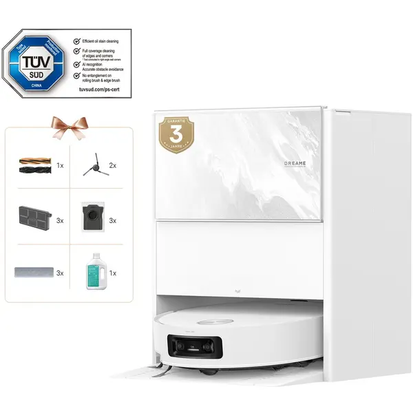 Dreame Robot de aspirare cu mop Dreame Aqua 10 Ultra Track Complete, tehnologie TrackSync™, statie automata de golire 3.5l, 25000Pa, functie autocuratare mop la 100˚C ThermoHub™, baterie 6400mAh, alb