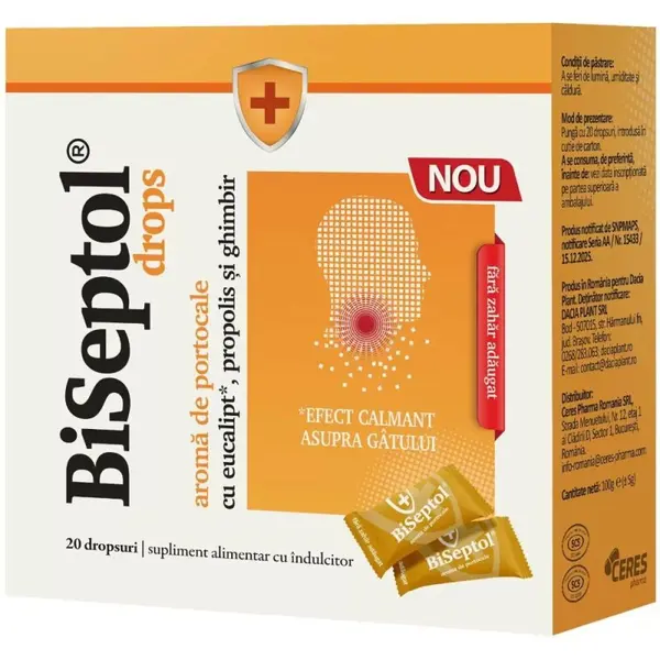 Dropsuri Biseptol cu Aroma de Portocala, 100 g, 20 Dropsuri