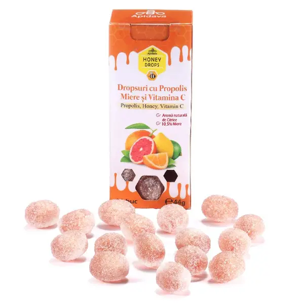 Dropsuri cu miere si propolis cu vitamina c si citrice, 44g, Apidava