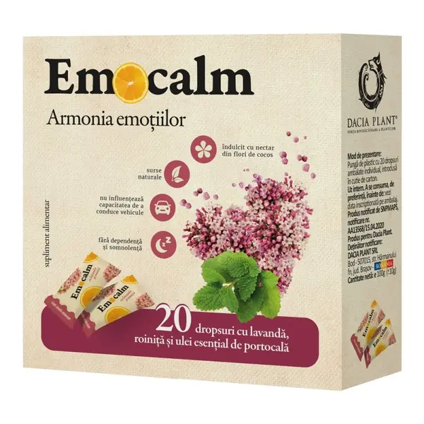 Dropsuri Emocalm cu Lavanda si Roinita fara Zahar, 100 g, Dacia Plant