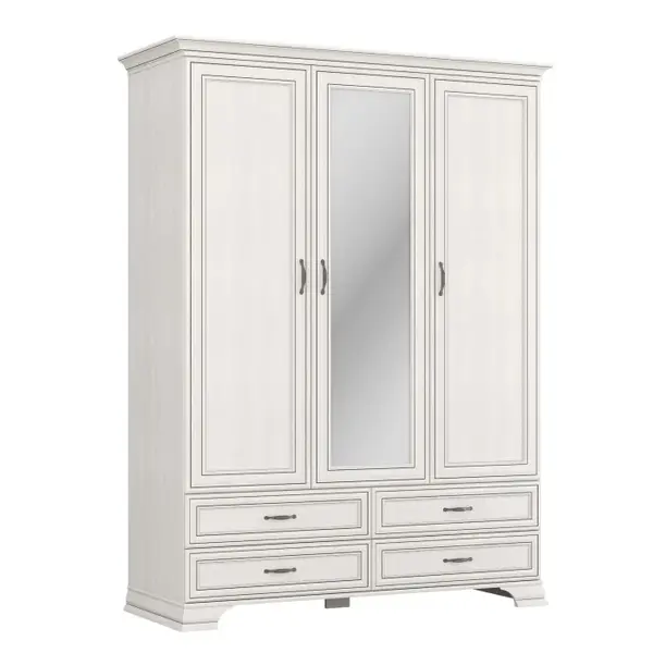 Dulap 3 usi si 4 sertare cu oglinda TIFFANY, cu bara haine si rafturi, crem fineline, 159x62,4x212,1 cm