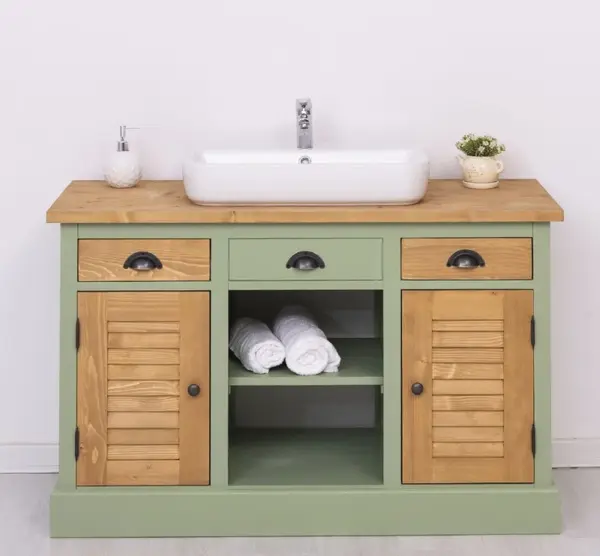 Dulap baie cu 2 usi lamelare - lavoarele nu sunt incluse in pret cu finisaj Muted Olive / Light Walnut Waxed