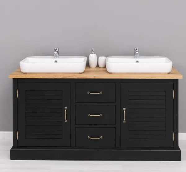 Dulap baie cu 2 usi lamelare - lavoarele nu sunt incluse in pret, blat stejar cu finisaj Black / Golden Brown