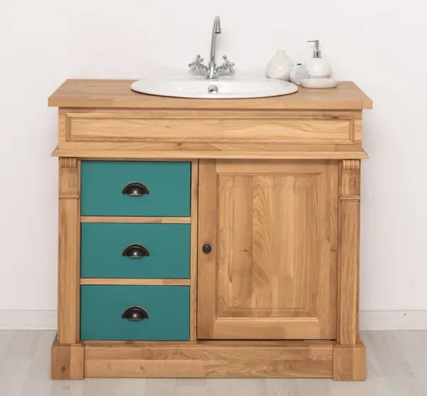 Dulap baie ornamental cu 3 sertare si 1 usa, din stejar, lavoar inclus in pret - Culoare Corp_P061 - Culoare Sertare_P117 - DUBL cu finisaj Dublu color