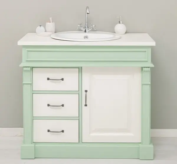 Dulap baie ornamental cu 3 sertare si 1 usa, din stejar, lavoar inclus in pret - Culoare Top_P039 - Culoare Corp_P092 - Culoare cu finisaj Dublu color