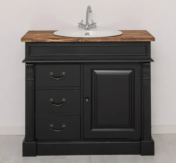 Dulap baie ornamentat pentru lavoar cu 3 sertare si 1 usa - lavoarul nu este inclus in pret cu finisaj Black / Chestnut Brown
