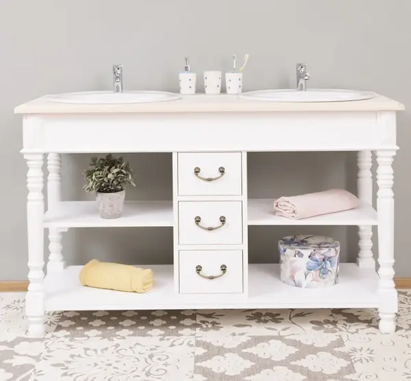 Dulap baie pentru 2 lavoare cu 3 sertare, picioare strunjite - lavoarele nu sunt incluse in pret cu finisaj White Antic / Natural