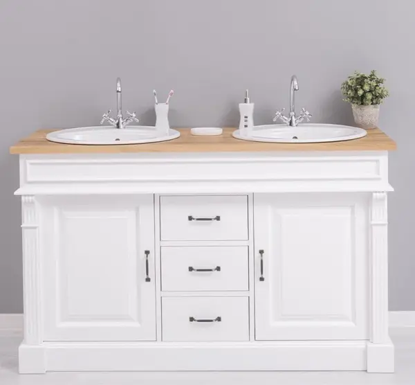 Dulap baie pentru 2 lavoare, ornamentat, blat stejar - lavoarele nu sunt incluse in pret cu finisaj White / Golden Brown
