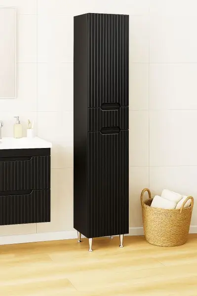 Dulap baie seria 033, front MDF, 2 usi, 1 sertar, negru, 30x31.6x180 cm