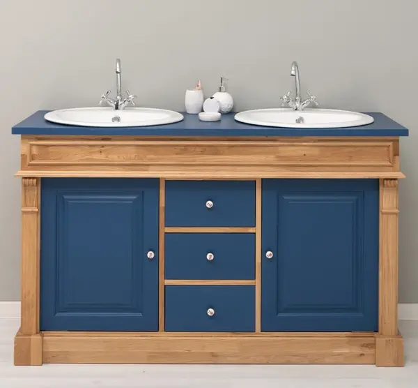 Dulap baie stejar cu 2 lavoare - lavoare incluse in pret - din stejar - Culoare Corp_P061 - Culoare Usi si Sertare_P113 - DUBLU cu finisaj Dublu color
