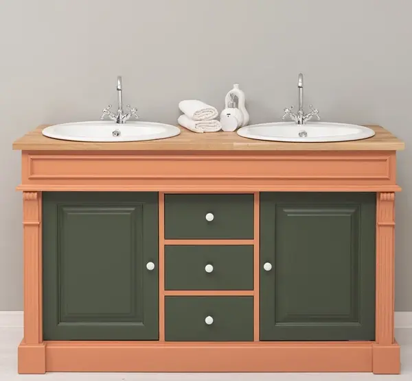 Dulap baie stejar cu 2 lavoare - lavoare incluse in pret - din stejar - Culoare Top_P061 - Cloare Corp_P112 - Culoare Usi si Ser cu finisaj Dublu color
