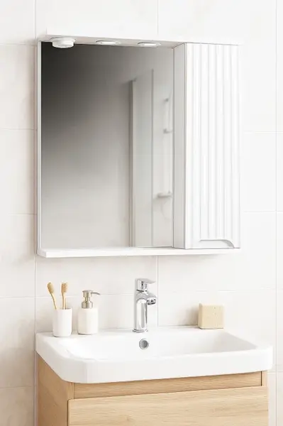 Dulap baie suspendat seria 033 cu oglinda, front MDF, montat, alb, 60x71 cm