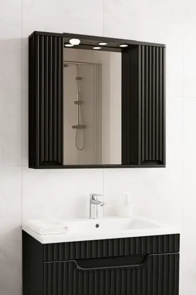 Dulap baie suspendat seria 033 cu oglinda, front MDF, montat, negru, 80x71 cm