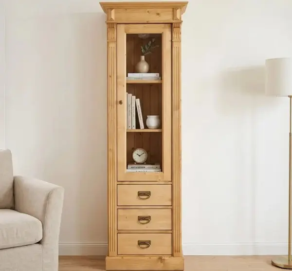 Dulap cu 1 usa sticla, 3 sertare, Colectia Directoire cu finisaj Honey Wax Brown