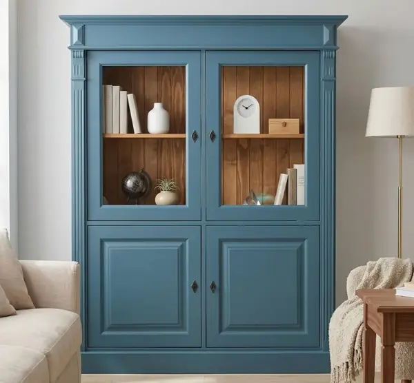 Dulap cu 2 usi + 2 usi sticla, Colectia Directoire cu finisaj Greenish Blue / Walnut Waxed