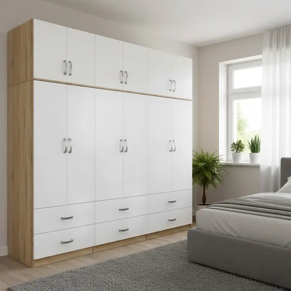 Dulap cu 6 usi, Athos, V24, Alb-Stejar, 240x42x240 cm