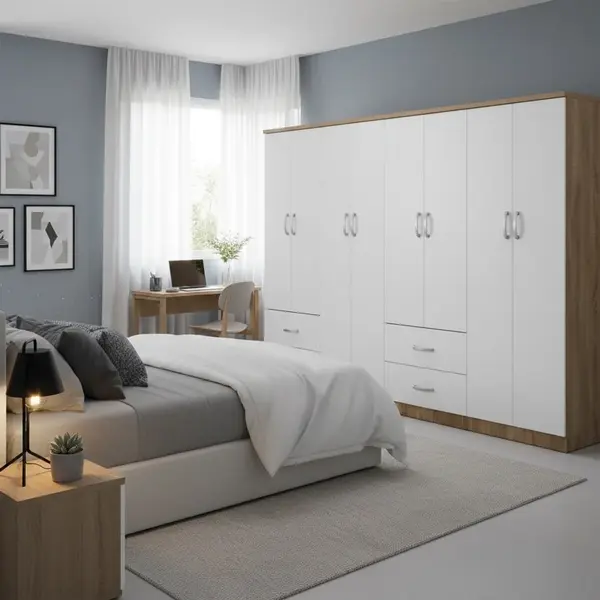 Dulap cu 8 usi, Athos, V12, Alb-Stejar, 241x42x180 cm