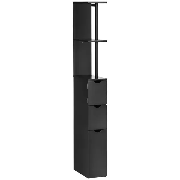 Dulap cu coloana HOMCOM din lemn ce economie de spatiu, dulap de baie cu rafturi, dulap si sertare, negru, 15x33x136.8cm | Aosom Romania