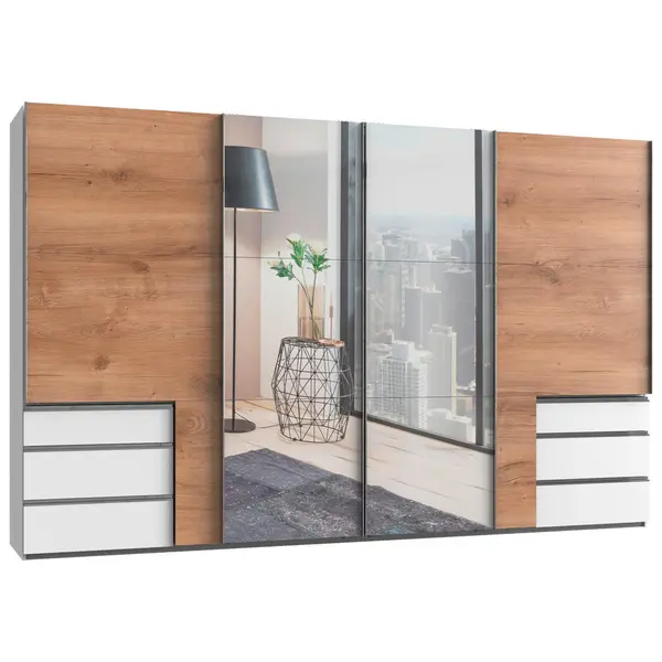 Dulap Cu Uși Culisante, 350/216/65 cm, alb, culoare lemn stejar