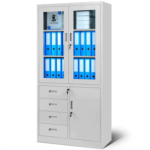 Dulap de birou cu vitrina si sertare WIOLA, 900 x 1850 x 400 mm, gri Dulap de birou cu vitrină și sertare WIOLA, 900 x 1850 x 400 mm, gri