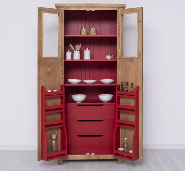 Dulap de camara, sertare pe sine metalice cu finisaj Walnut Waxed / Bright red