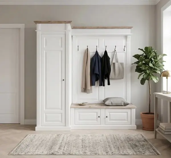 Dulap de hol, cu pantofar si cuier - stanga cu finisaj White / Sand White