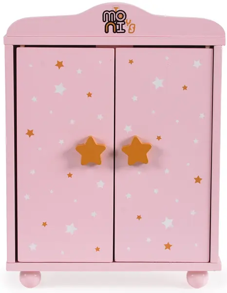 Dulap din lemn pentru papusi Moni Toys - Cu 3 umerase, roz