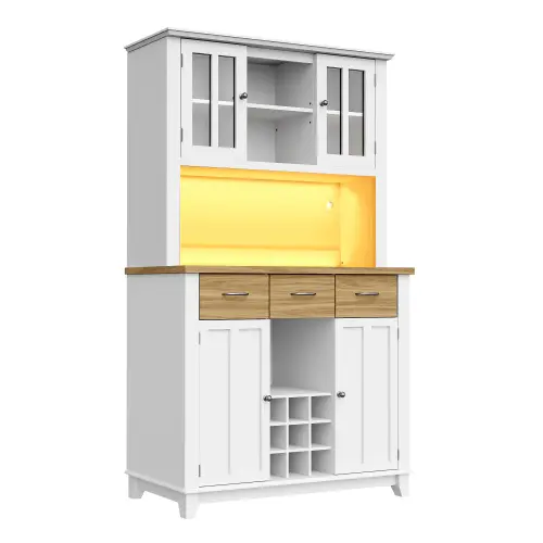 Dulap înalt pentru bucătărie cu iluminare LED, Culoare naturală+Alb | Aosom Romania