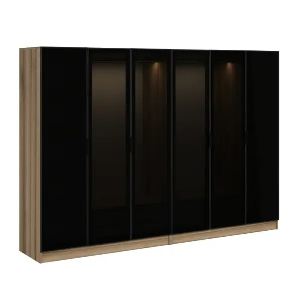 Dulap KALE, 6 usi, 2 bare haine, auriu + geam fumuriu, 270x52x210 cm