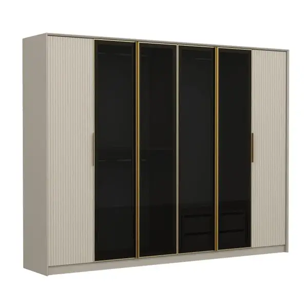 Dulap LUXE, 6 usi, alb + auriu + geam fumuriu, 274x52x210 cm