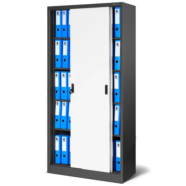 Dulap metalic cu usi glisante, din otel KUBA, 900 x 1850 x 400 mm, antracit-alb Cu uși glisante, din oțel KUBA, 900 x 1850 x 400 mm, antracit-alb