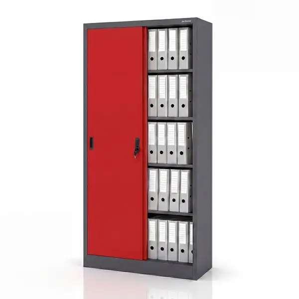 Dulap metalic de birou cu usi glisante antracit-rosu: KUBA 900 x 1850 x 400 mm Dulap metalic de birou cu uși culisante, antracit-roșu, 900x1850x400 mm: KUBA
