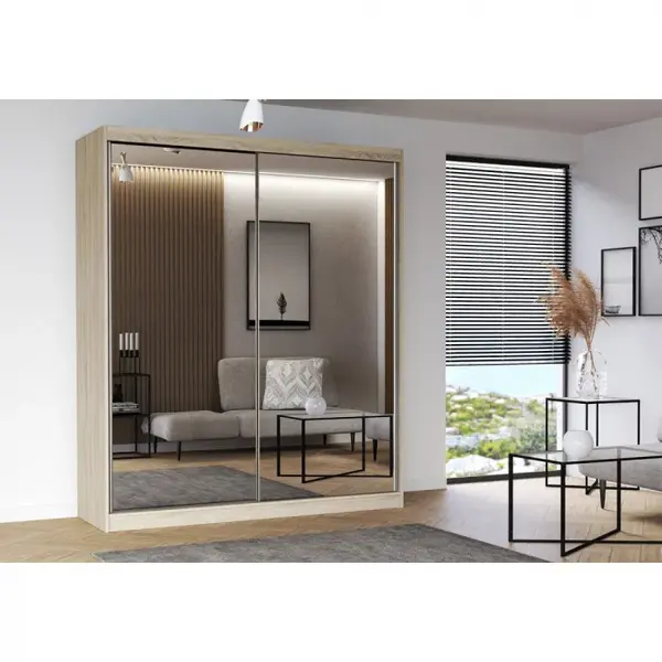 Dulap MULTI 20, usi glisante, oglinda, 6 rafturi, bara de haine, sonoma, 183x61x218 cm