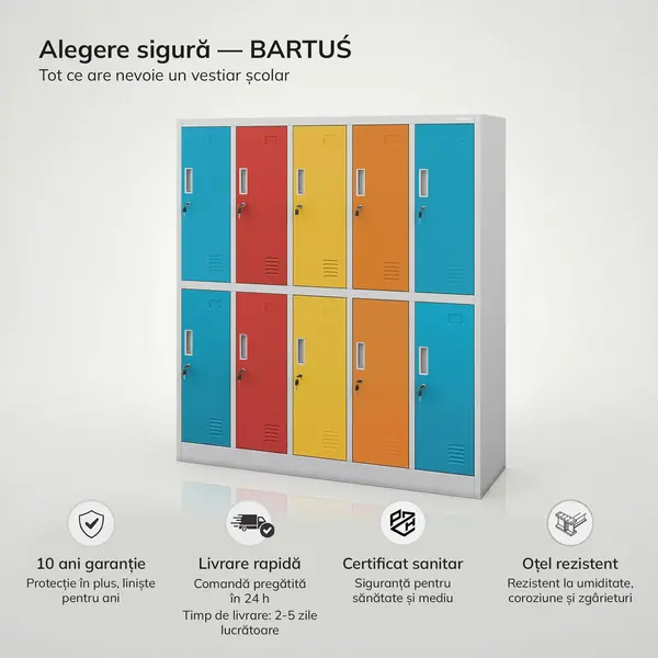 Dulap scolar BHP gri-multicolor: BARTUS cu 10 compartimente, 1360 x 1500 x 450 mm Dulap școlar BHP gri-multicolor: BARTUŚ cu 10 compartimente, 1360 x 1500 x 450 mm