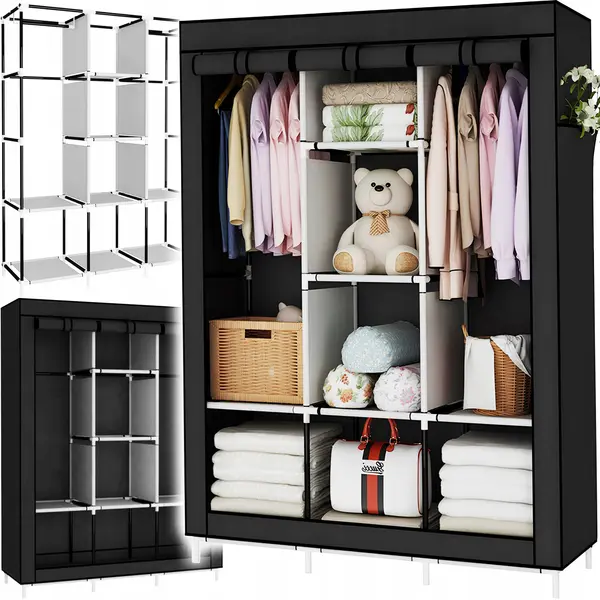 Dulap, sifonier Textil NewEvo 125 165 42 cm, Garderoba Pliabila cu Cadru Metalic Stabil, 4 Zone pentru Umerase, Rafturi Textile, Husa de Protectie,