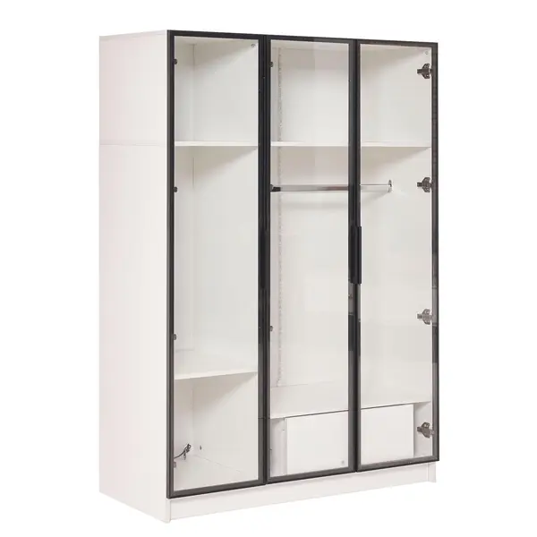 Dulap Spațios cu 3 Uși din Sticlă, 1 Sertar și 1 Bară pentru Umerașe, Iluminare LED Integrată, 110x50x160 cm, Alb