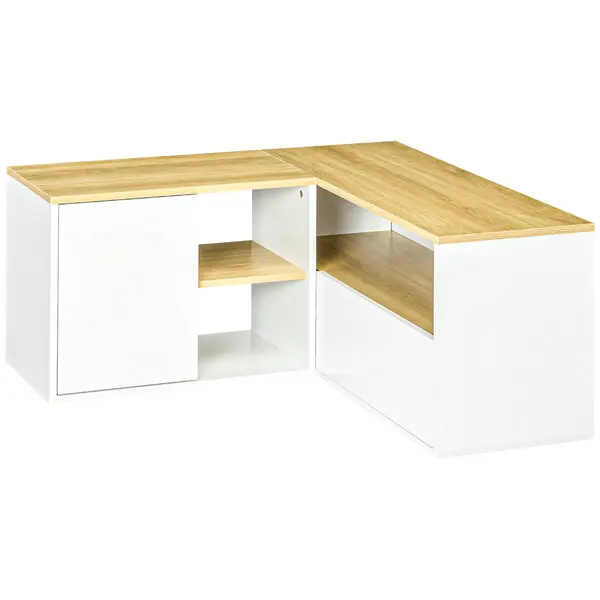 Dulap TV în formă de L pentru televizor de 40" cu 3 rafturi deschise și 2 dulapuri, din PAL, 90x90x45 cm, stejar și alb HOMCOM | Aosom RO