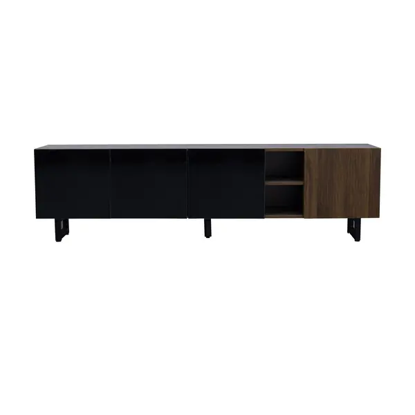 Dulap TV modern cu 4 uși, spațiu mare de depozitare, design vintage, 180x38x50 cm, Negru+Culoare naturală