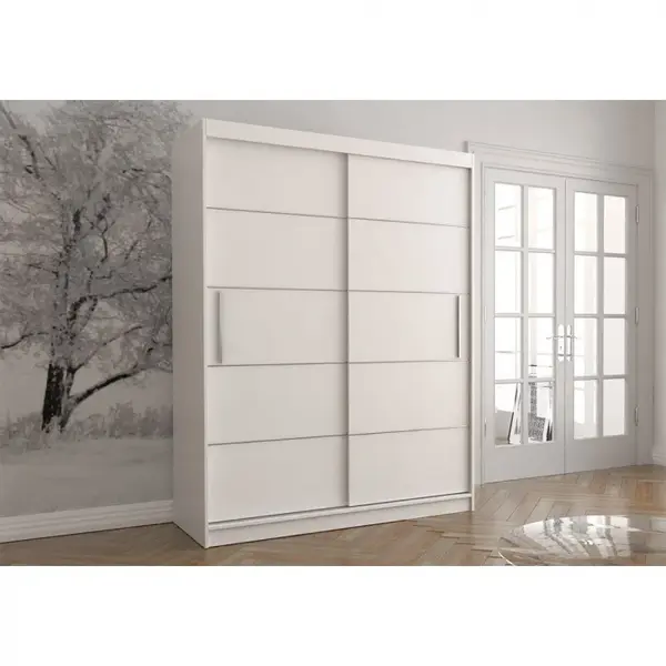 Dulap VISTA 06, usi glisante, 6 rafturi, bara de haine, alb, 150x61x200 cm
