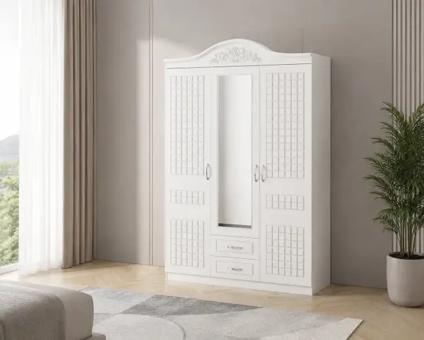 Dulap ZQE 012 MDF - 3 Usi +2 Sertare, 150x211x52 cm, Alb