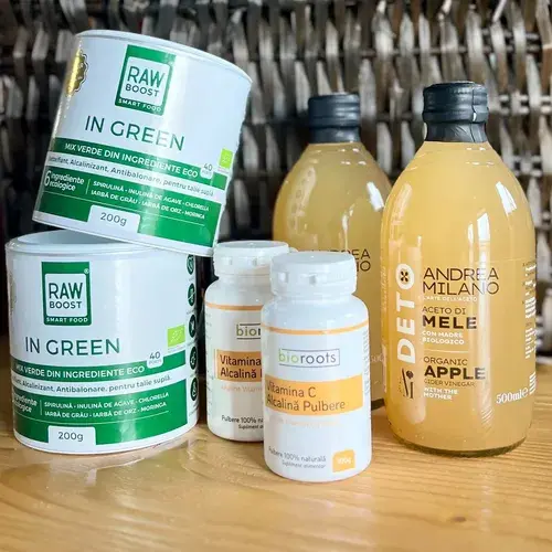 DUO Pachet Complet pentru Digestie, Detox și Abdomen Plat (pentru 2 persoane) - Transport GRATUIT! - 2x In Green + 2x Vitamina C + 2x Oțet