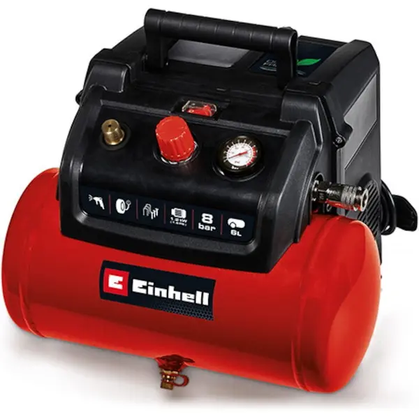 Einhell Compresor Einhell TC-AC 190/6/8, 1.2 kW, max. 8 bar, capacitate de aspiratie 190 l/m, rezervor de 6 litri, pompa fara ulei, manometru, cuplaj rapid