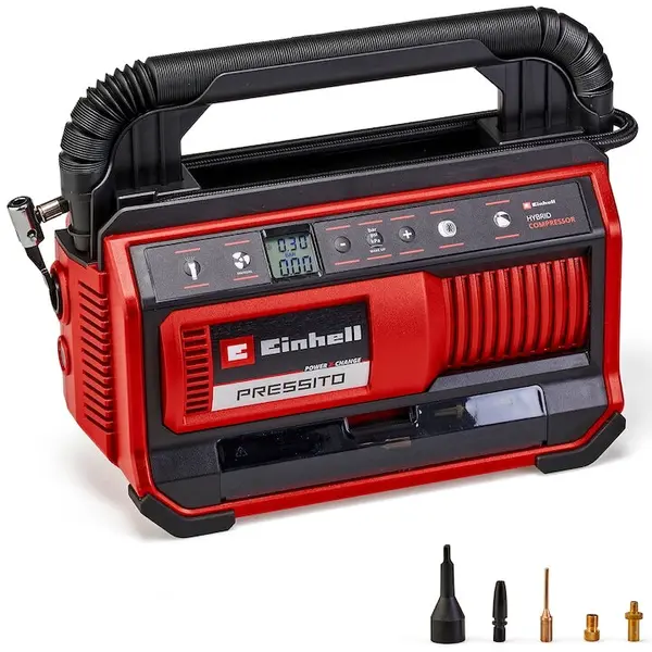 Einhell Compresor hibrid Einhell PRESSITO 18/25 Hybrid Power X-Change, 18 V, functionare la cablu de alimentare sau acumulator, 11 bar presiune maxima, set adaptoare din 4 piese, 2 furtunuri, fara acumulator/incarcator